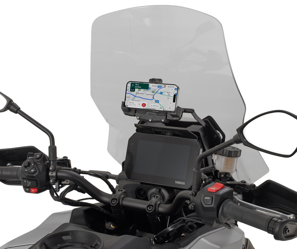 FB2171 Traversino da montare dietro il cupolino per installare porta GPS-smartphone su Yamaha Tracer9 (25), con I-Phone montato