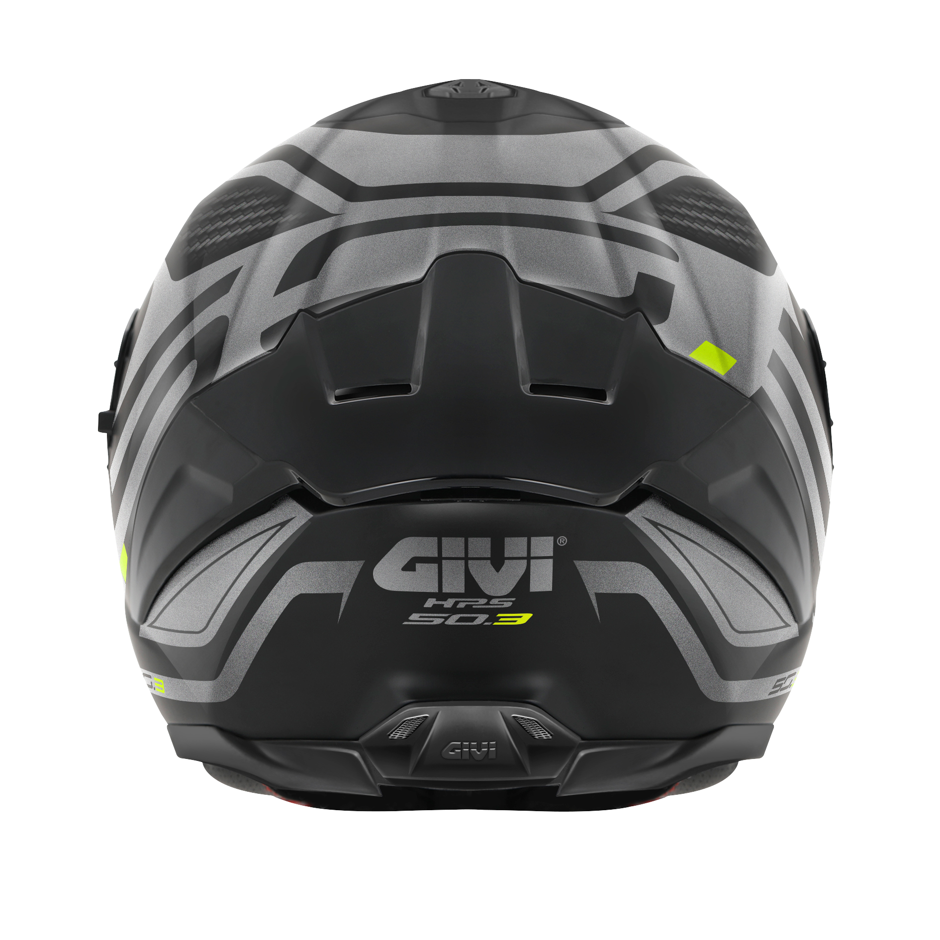 Helmet INTEGRALE 50.3 QUASAR (Matt black / titanium / yellow) GIVI article code: H503FQSBY; image still-life back