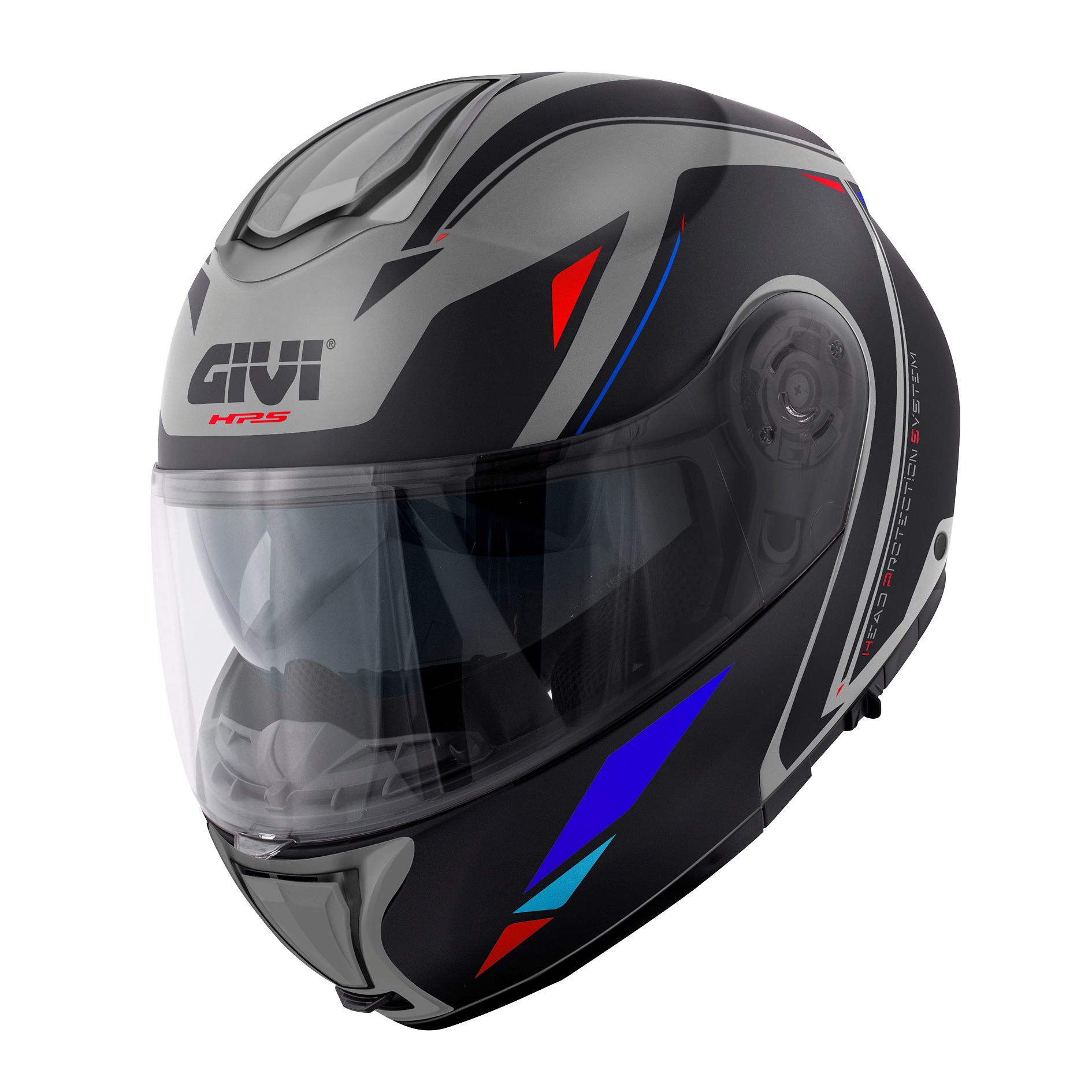 Casco GIVI FLIP-UP X26 SQUARE (Grigio opaco / nero / rosso / blu); codice articolo: HX26FQRGB; immagine still-life trequarti sinistra