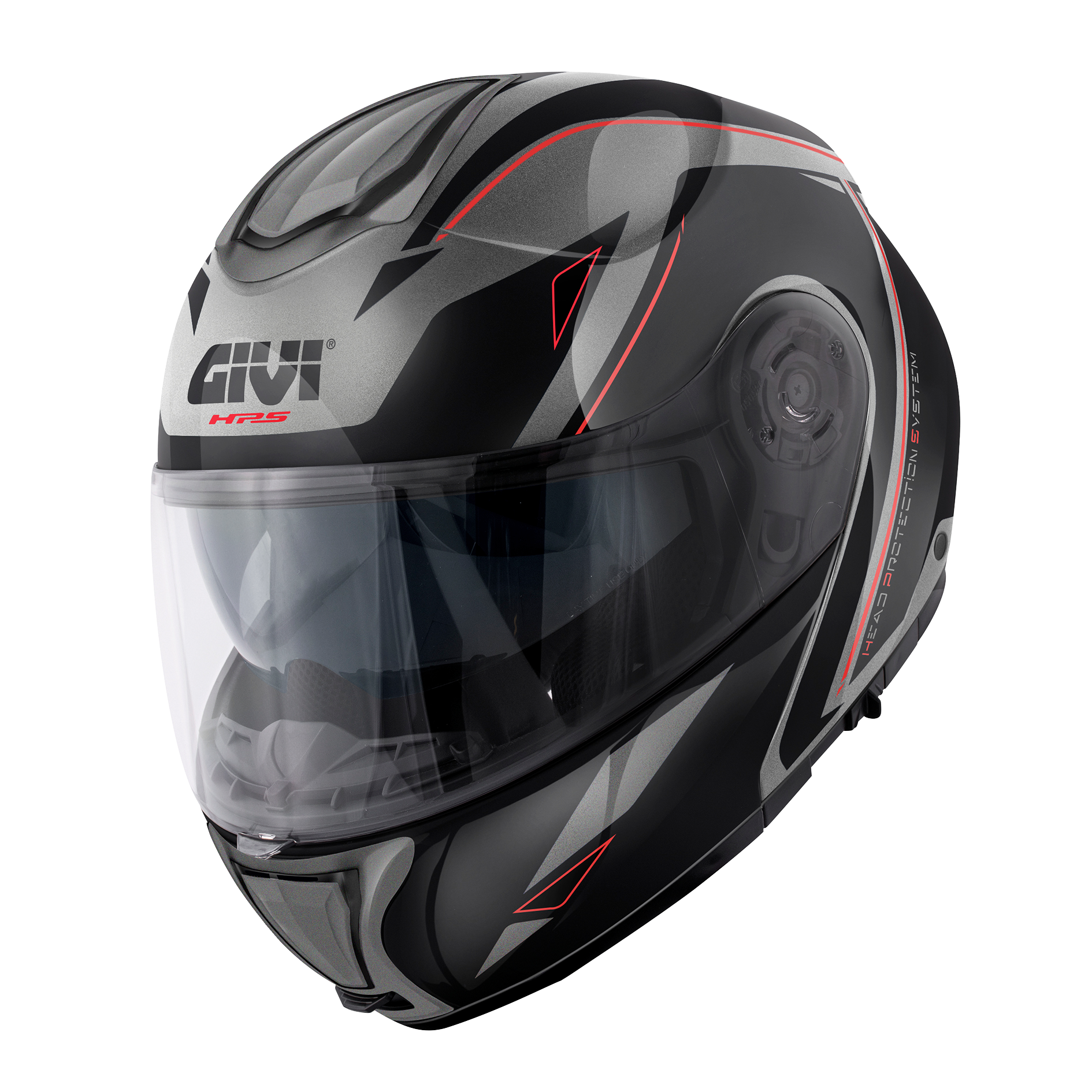 Casco GIVI FLIP-UP X26 SQUARE (Titanio opaco / nero / rosso); codice articolo: HX26FQRTB; immagine still-life trequarti sinistra