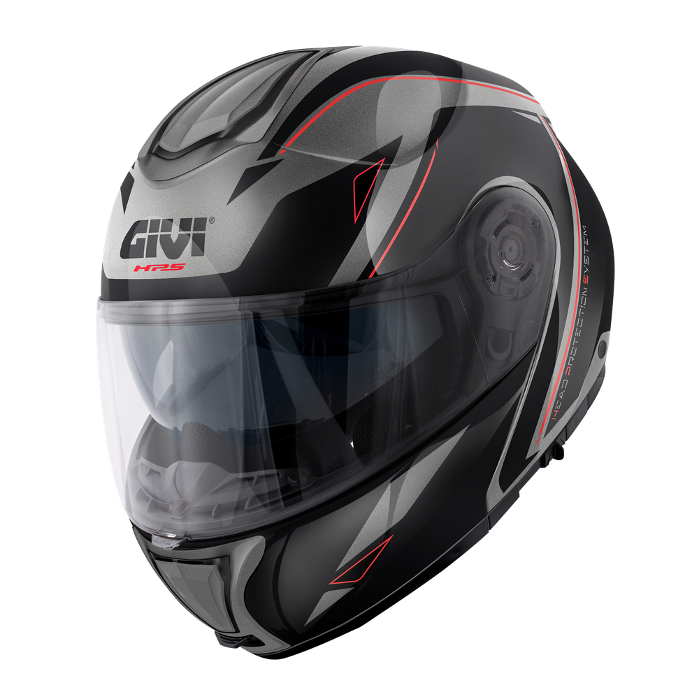 Casco GIVI FLIP-UP X26 SQUARE (Titanio opaco / nero / rosso); codice articolo: HX26FQRTB; immagine still-life trequarti sinistra