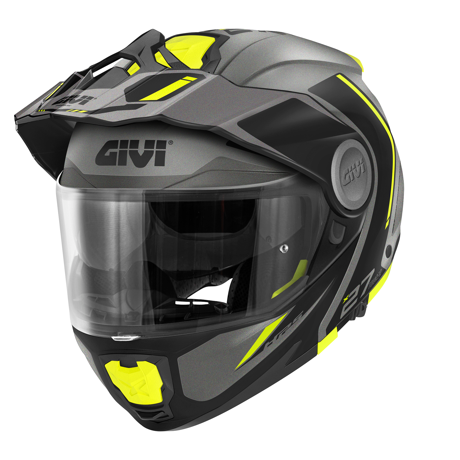 Casco GIVI FLIP-UP X27 TOURER GRAPHIC (Titanio opaco / giallo); codice articolo: HX27RTRTY; immagine still-life trequarti sinistra