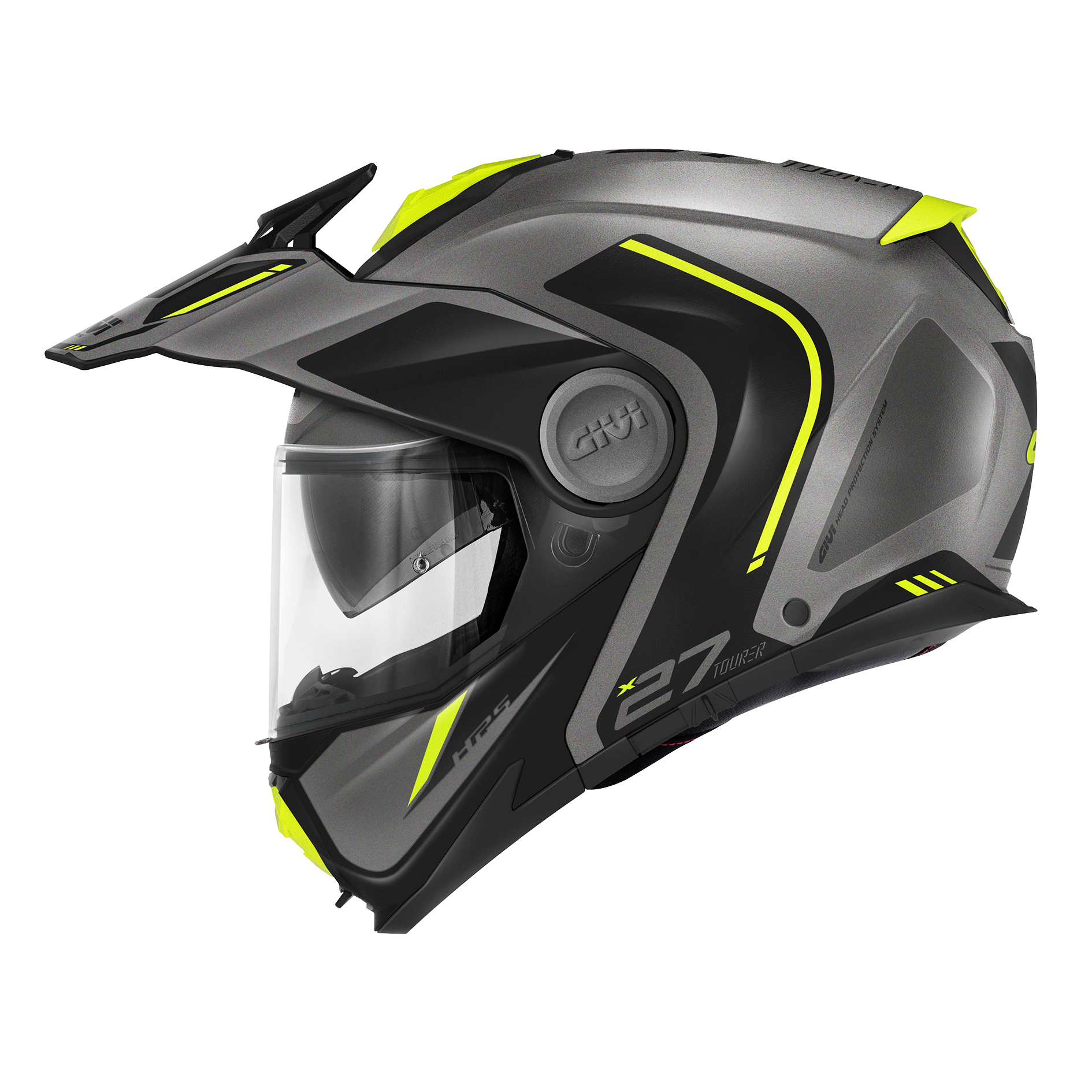 Helmet FLIP-UP X27 TOURER GRAPHIC (Matt titanium / yellow) GIVI article code: HX27RTRTY; image still-life side left