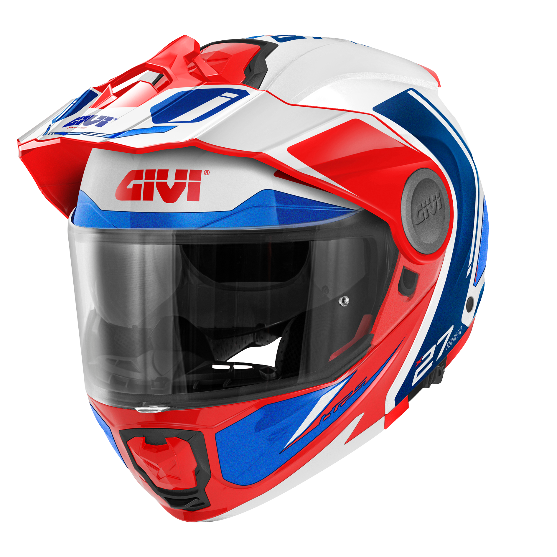 Casco GIVI FLIP-UP X27 TOURER GRAPHIC (Bianco / blu / rosso); codice articolo: HX27RTRWL; immagine still-life trequarti sinistra