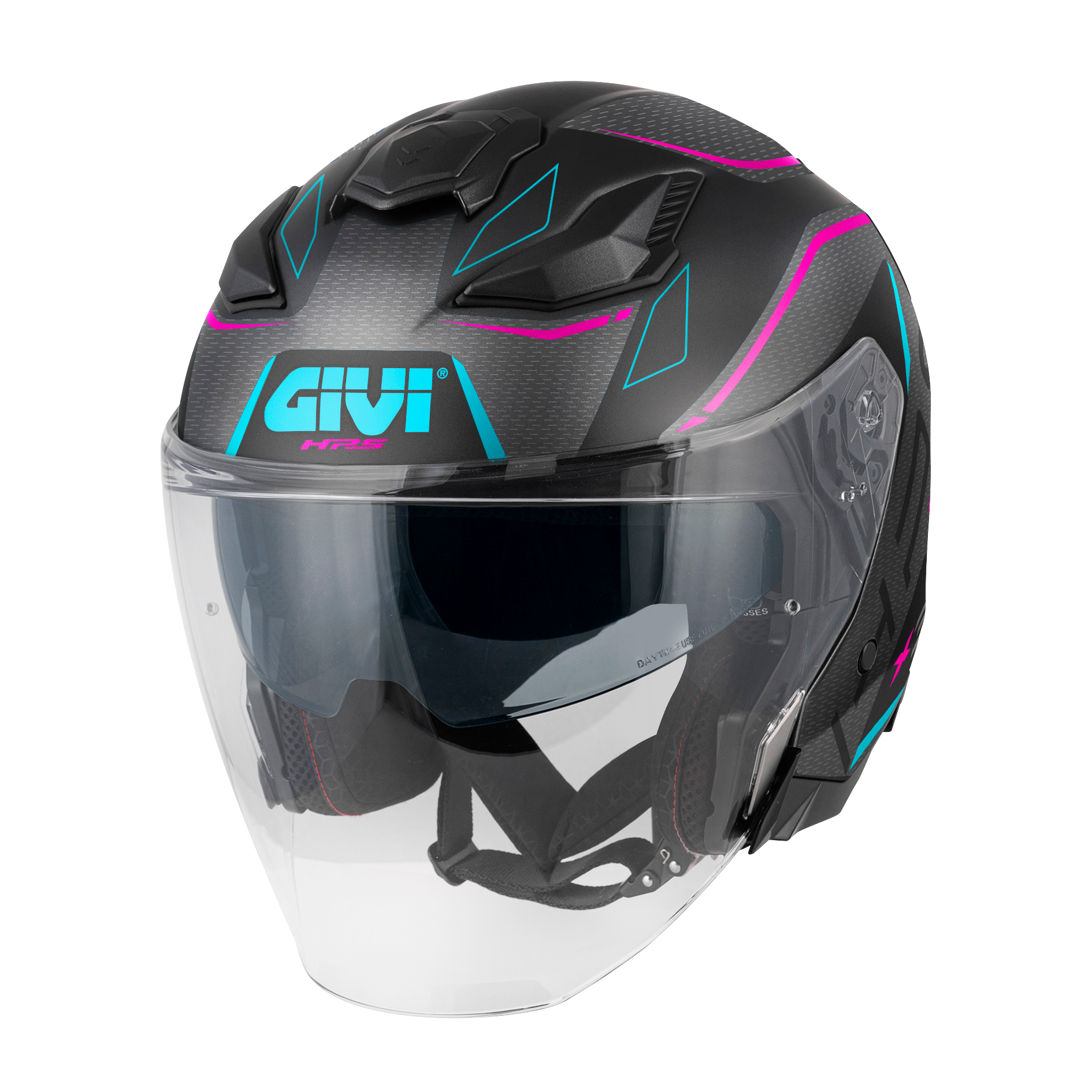 Helmet JET X31 IMPACT (Matt black / dark titanium / fuchsia / blue) GIVI article code: HX31FMPBF; image still-life main left