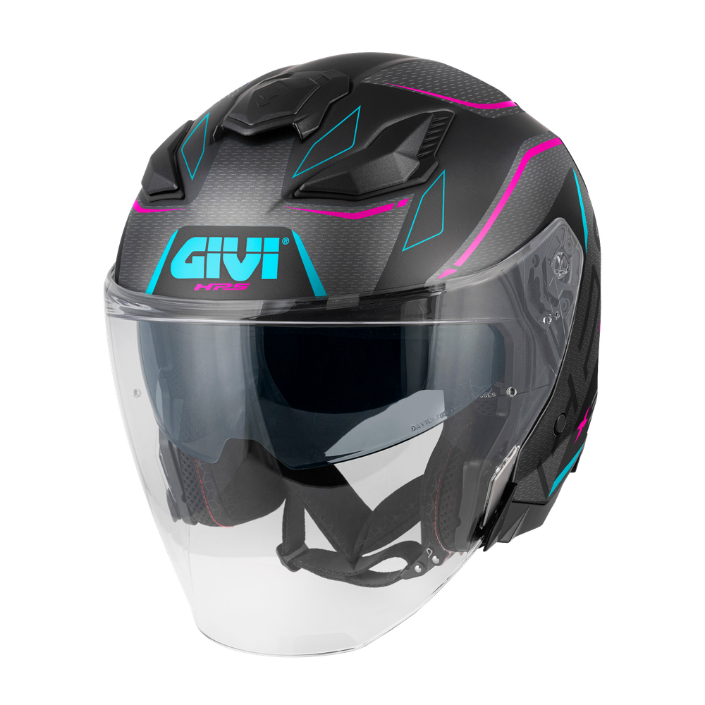 Casco GIVI JET X31 IMPACT (Nero opaco / titanio scuro / fucsia / blu); codice articolo: HX31FMPBF; immagine still-life trequarti sinistra