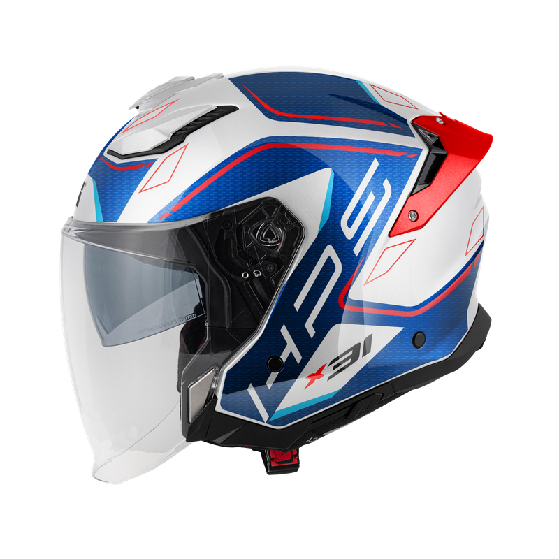Helmet JET X31 IMPACT (White / metal blue / blue / red) GIVI article code: HX31FMPWL; image still-life side left