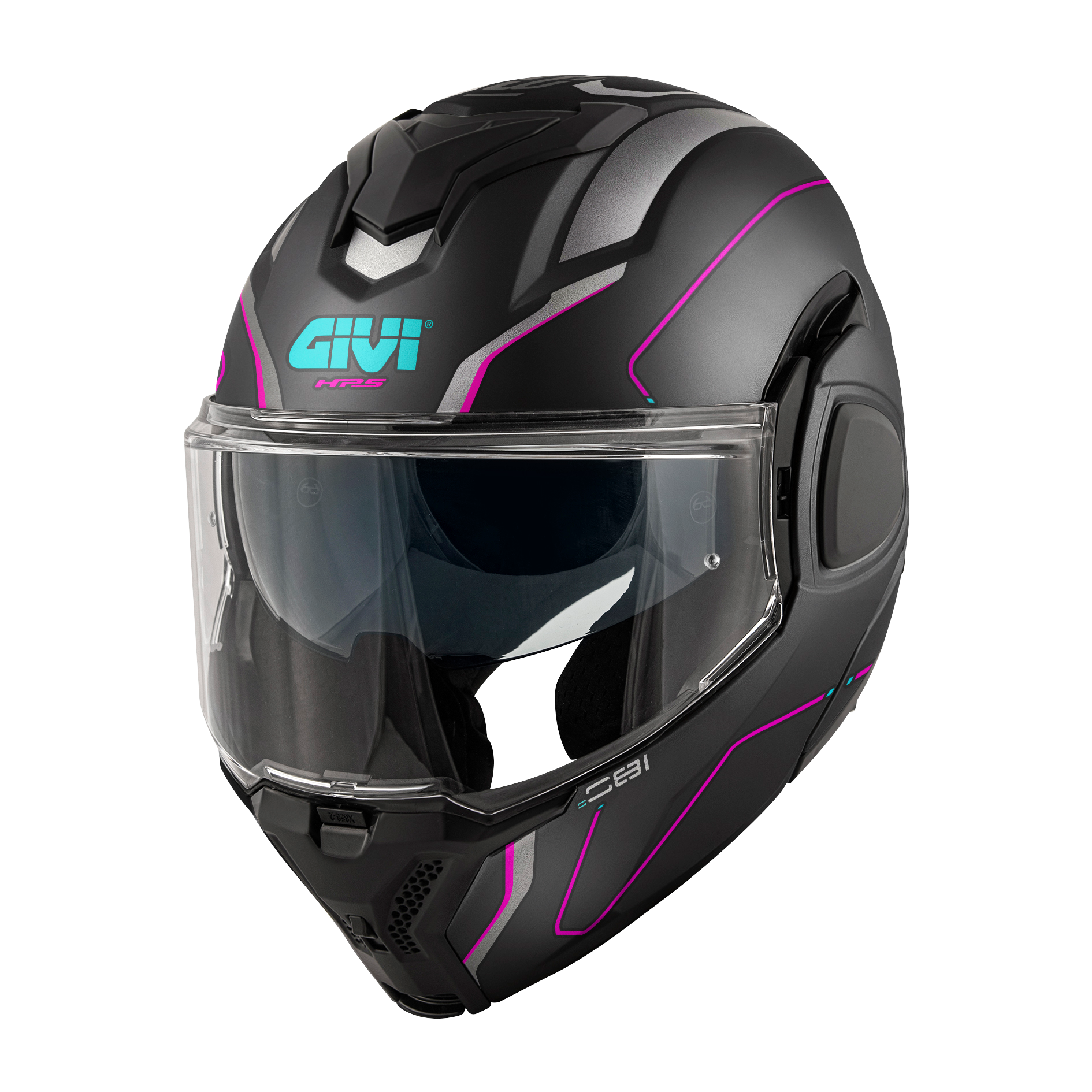 Casco GIVI Flip-Back X36 FIBER PULSE (Nero opaco / argento / fucsia); codice articolo: HX36RPLBF; immagine still-life trequarti