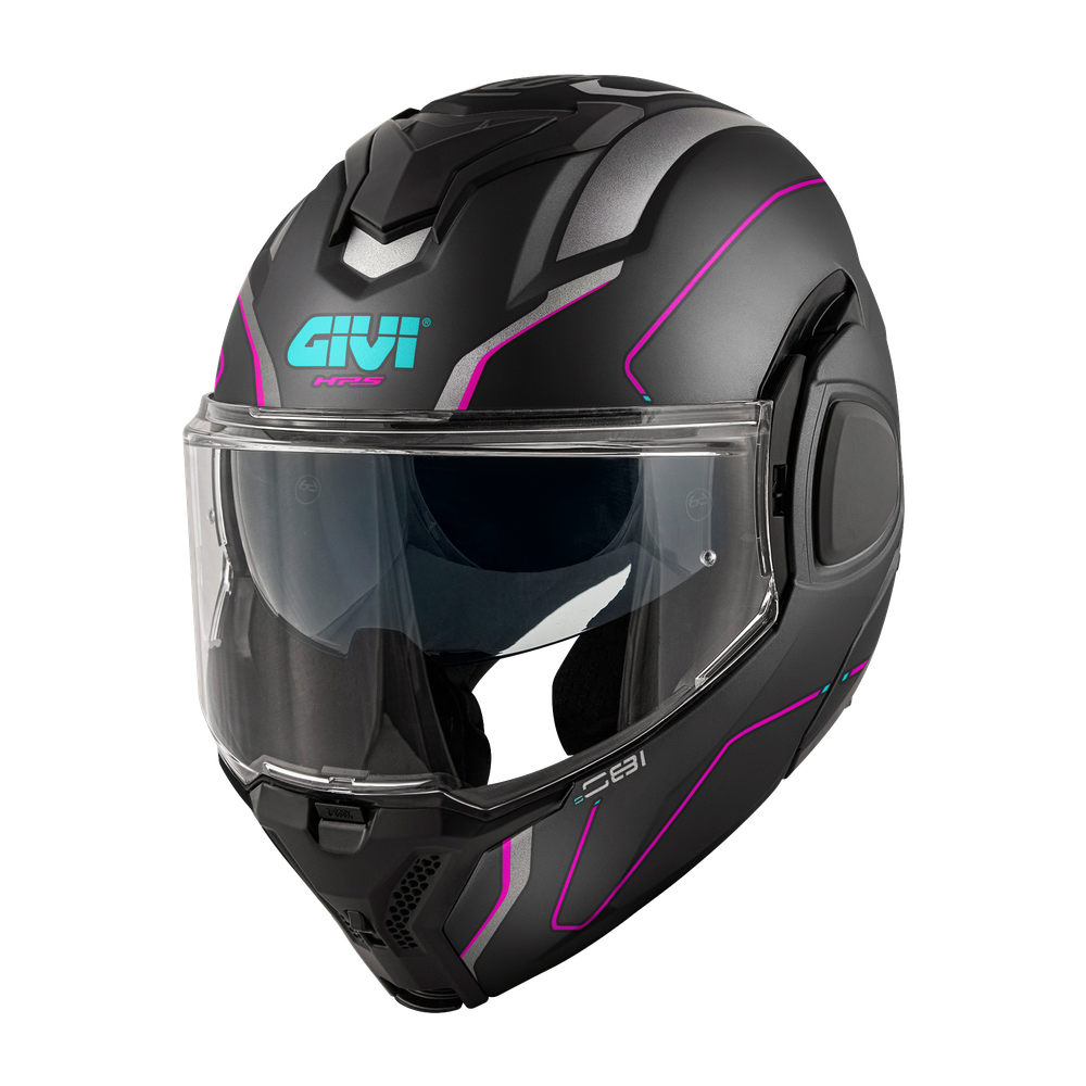 Casco GIVI Flip-Back X36 FIBER PULSE (Nero opaco / argento / fucsia); codice articolo: HX36RPLBF; immagine still-life trequarti