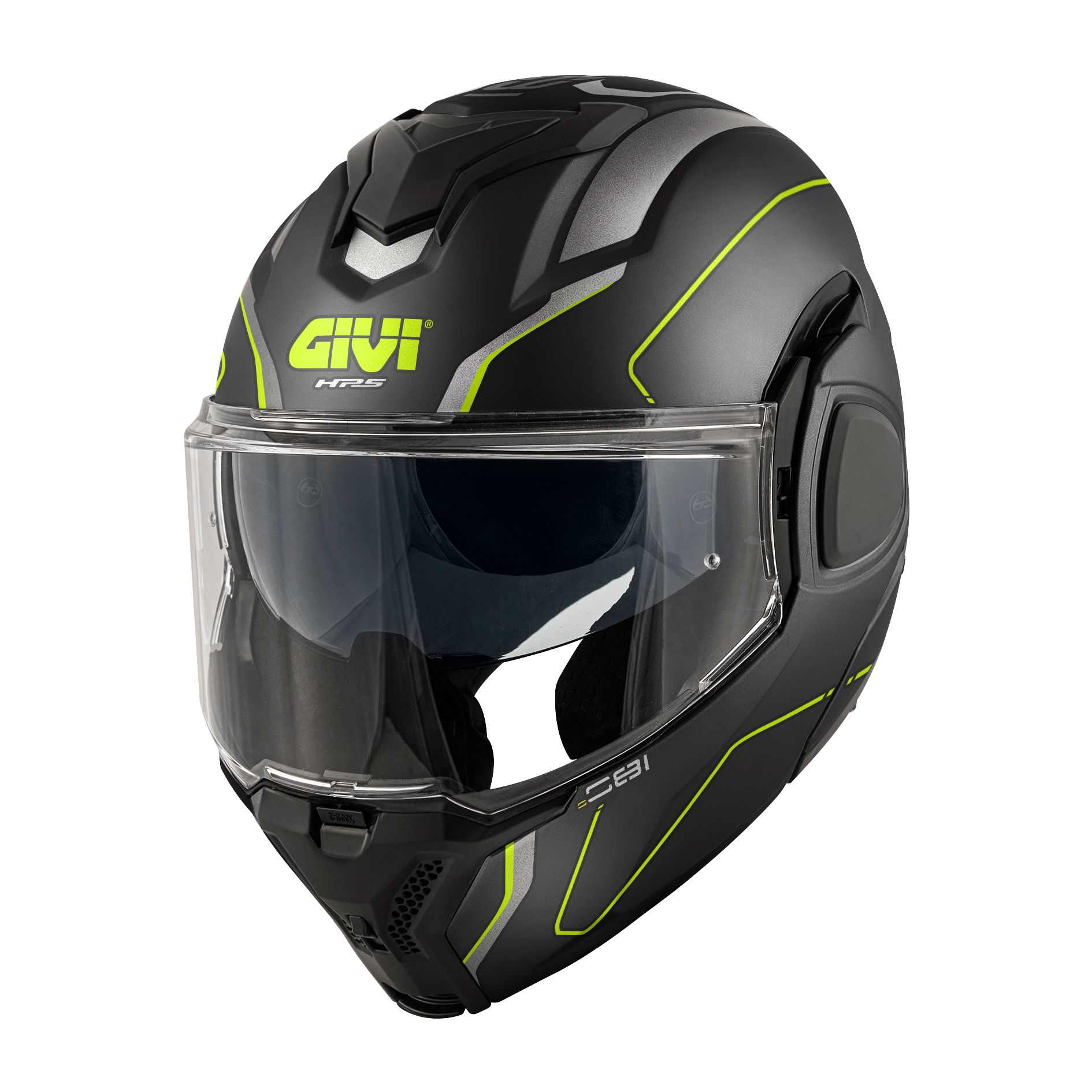 Casco GIVI Flip-Back X36 FIBER PULSE (Nero opaco / argento / giallo); codice articolo: HX36RPLBY; immagine still-life trequarti