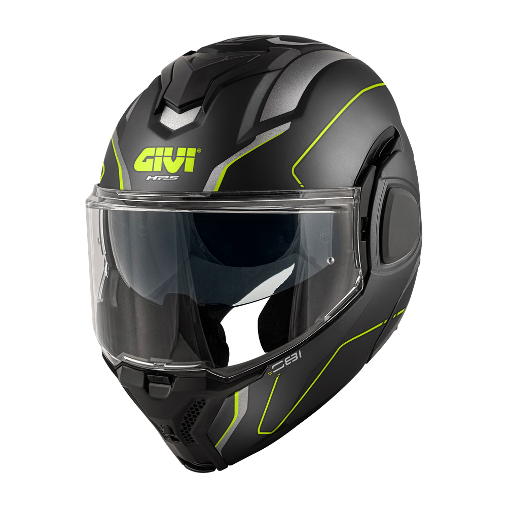 Casco GIVI Flip-Back X36 FIBER PULSE (Nero opaco / argento / giallo); codice articolo: HX36RPLBY; immagine still-life trequarti