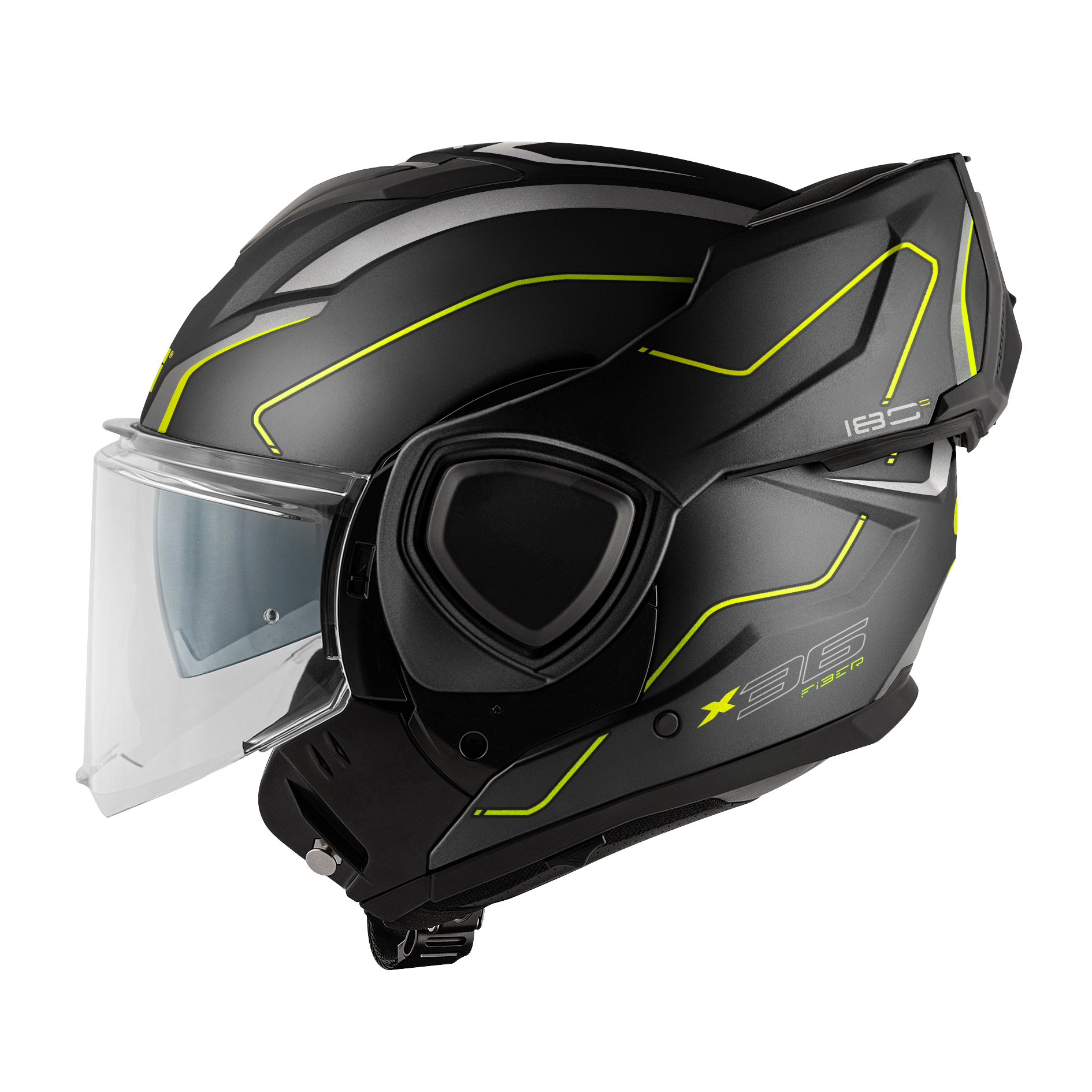 Casco GIVI Flip-Back X36 FIBER PULSE (Nero opaco / argento / giallo); codice articolo: HX36RPLBY; immagine still-life lato sinistra aperto