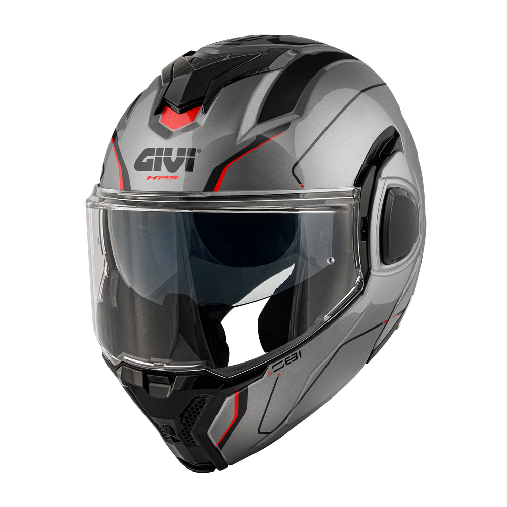 Casco GIVI Flip-Back X36 FIBER PULSE (Titanio / nero / rosso); codice articolo: HX36RPLTR; immagine still-life trequarti