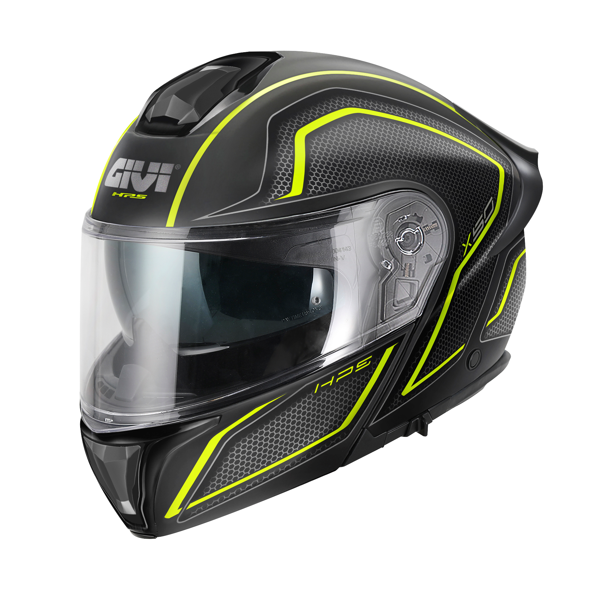 Casco GIVI FLIP-UP X50 FIBER HOLOGRAM (Nero opaco / titanio / giallo); codice articolo: HX50FHGBY; immagine still-life trequarti sinistra