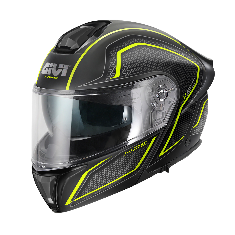 Casco GIVI FLIP-UP X50 FIBER HOLOGRAM (Nero opaco / titanio / giallo); codice articolo: HX50FHGBY; immagine still-life trequarti sinistra