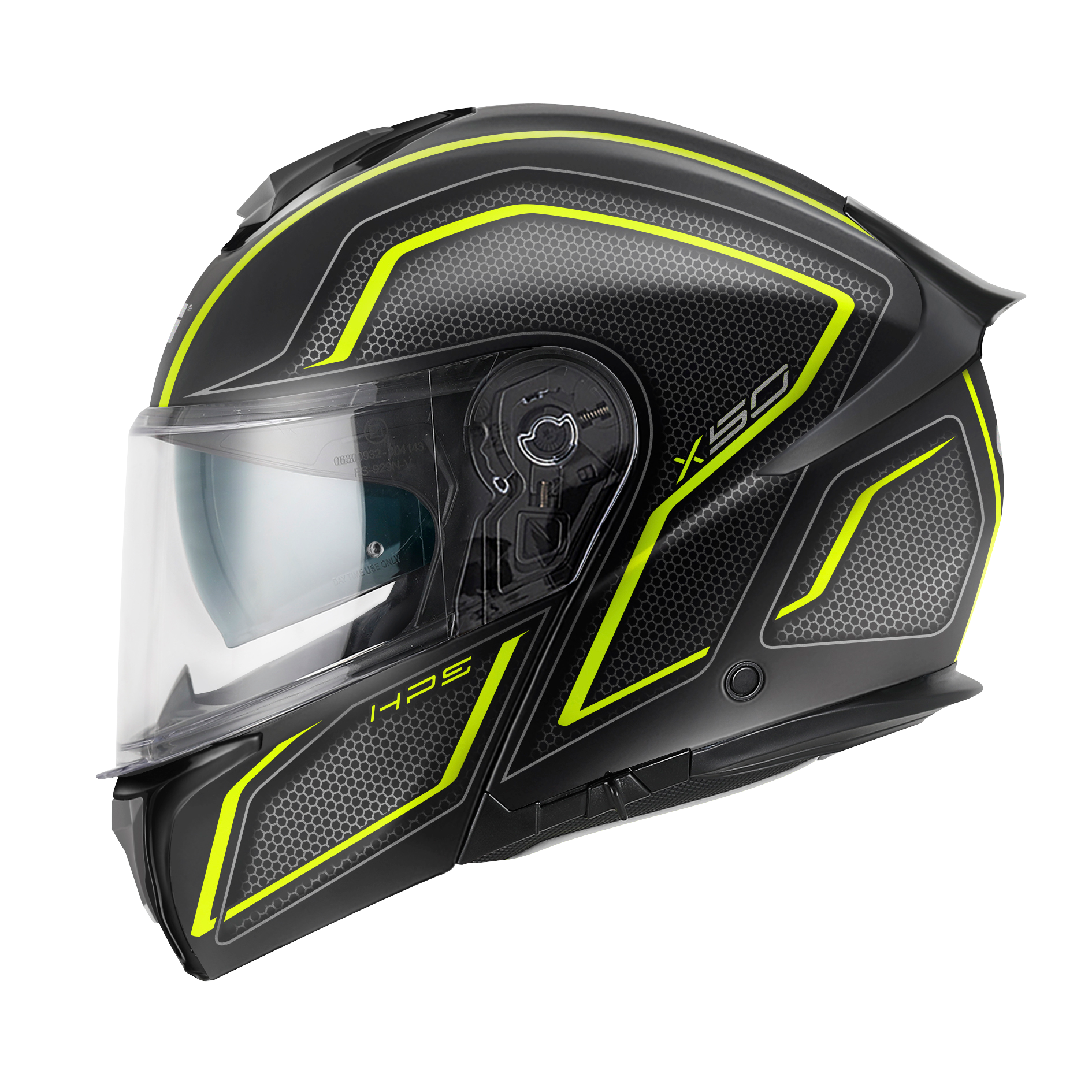 Helmet FLIP-UP X50 FIBER HOLOGRAM (Matt black / titanium / yellow) GIVI article code: HX50FHGBY; image still-life side left