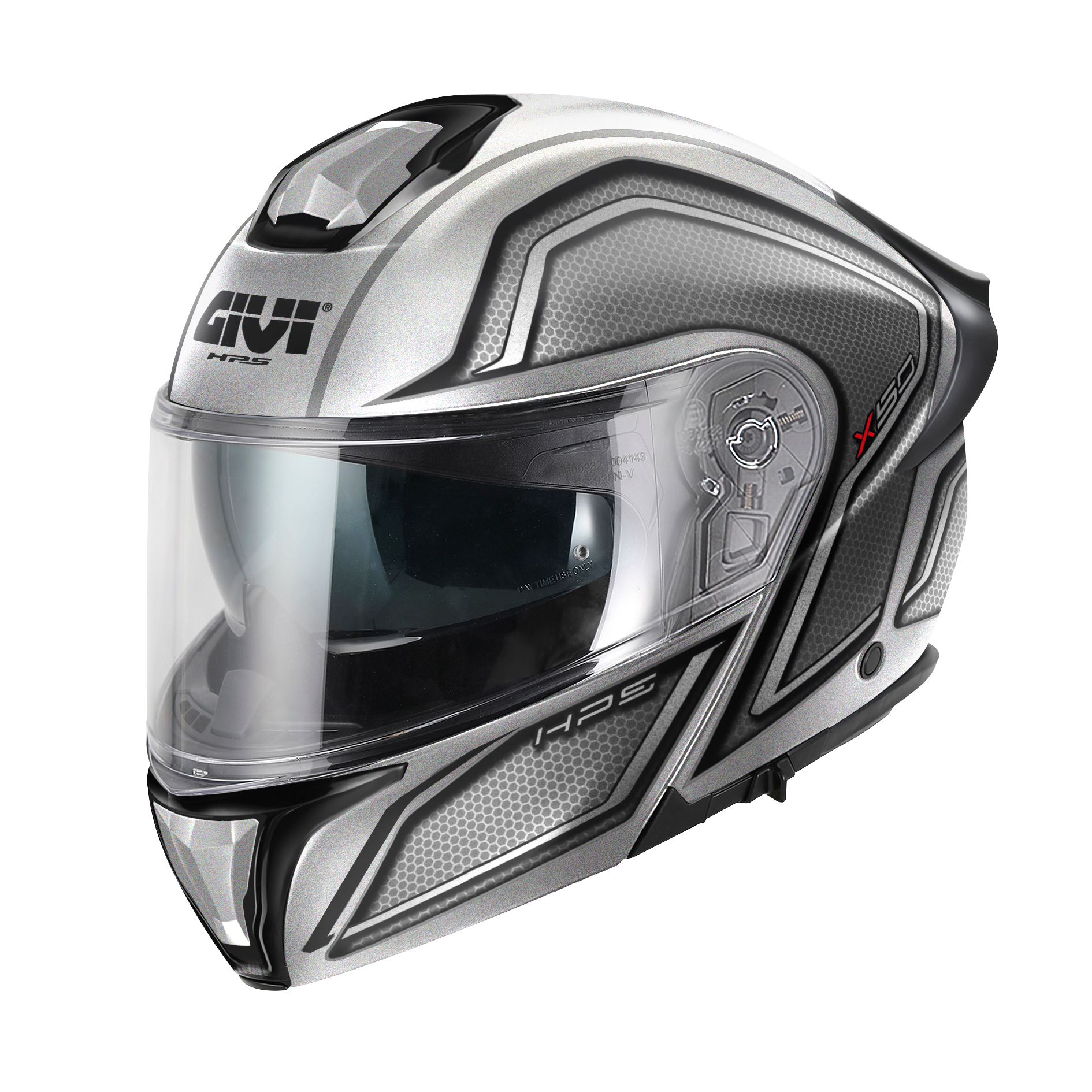 Casco GIVI FLIP-UP X50 FIBER HOLOGRAM (Argento / nero / titanio metallizzato / rosso); codice articolo: HX50FHGST; immagine still-life trequarti sinistra