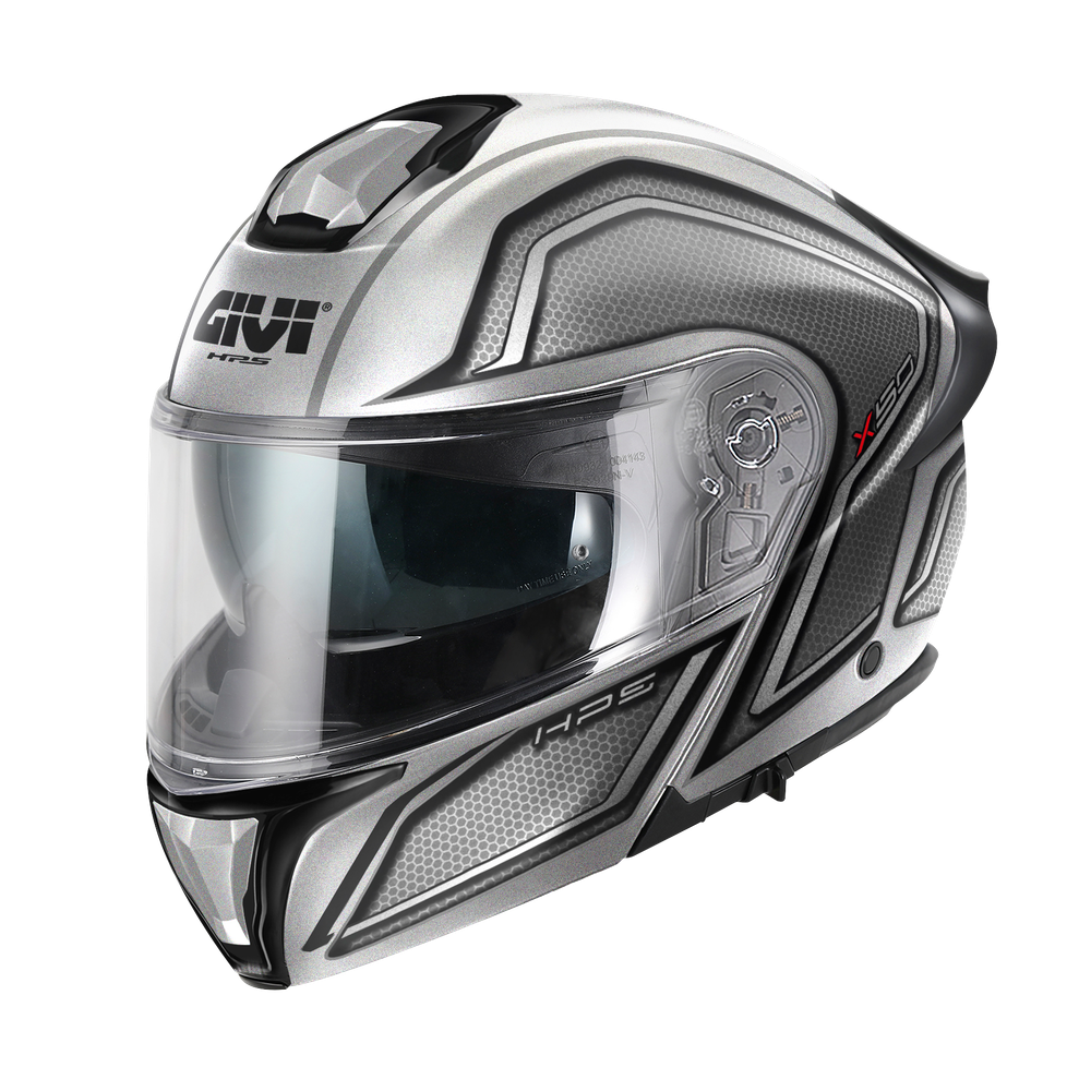 Casco GIVI FLIP-UP X50 FIBER HOLOGRAM (Argento / nero / titanio metallizzato / rosso); codice articolo: HX50FHGST; immagine still-life trequarti sinistra