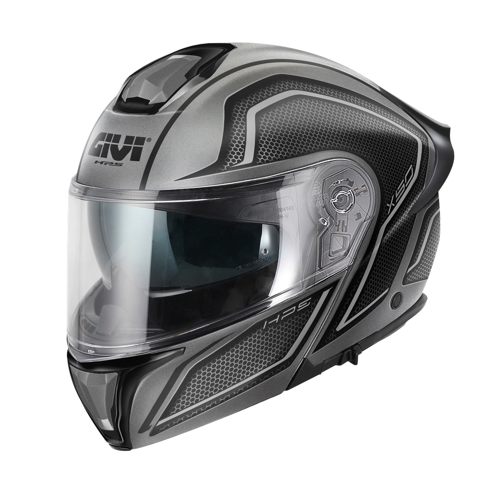 Casco GIVI FLIP-UP X50 FIBER HOLOGRAM (Titanio opaco / nero / grigio); codice articolo: HX50FHGTB; immagine still-life trequarti sinistra