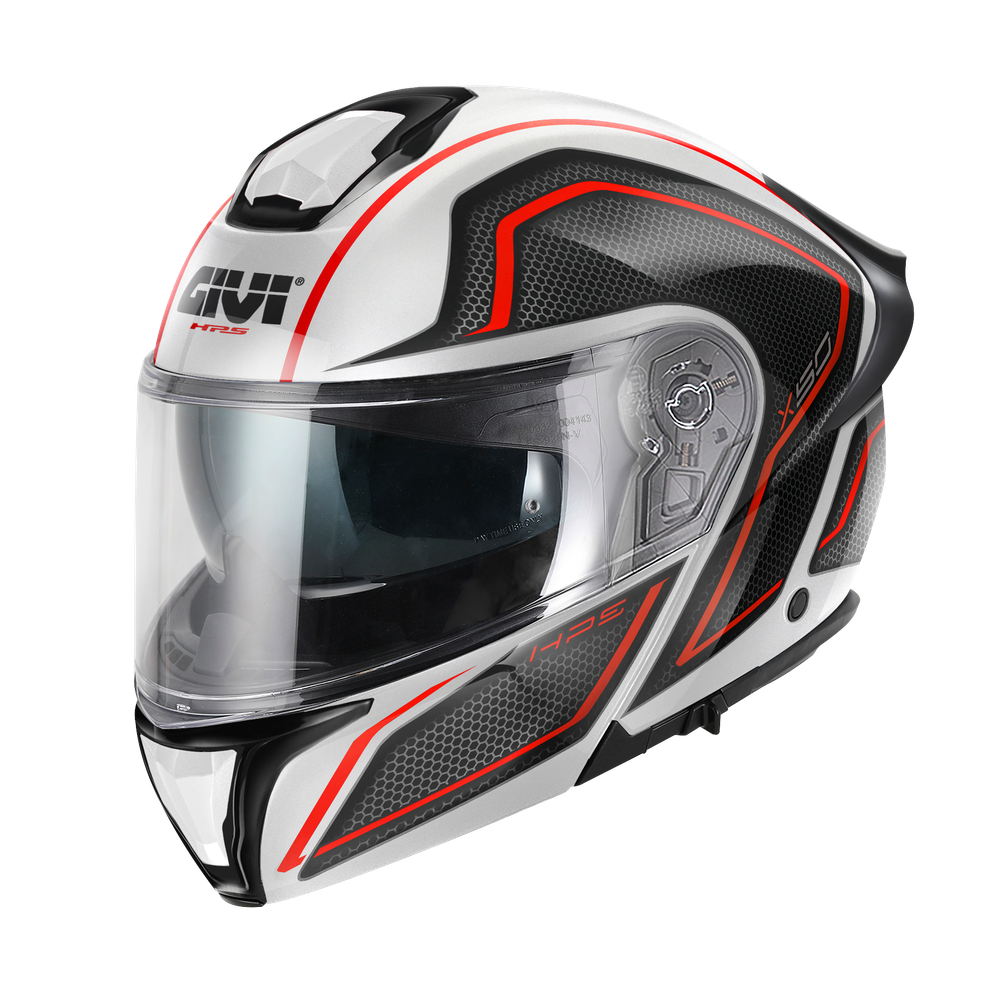 Casco GIVI FLIP-UP X50 FIBER HOLOGRAM (Bianco / nero / rosso); codice articolo: HX50FHGWR; immagine still-life trequarti sinistra