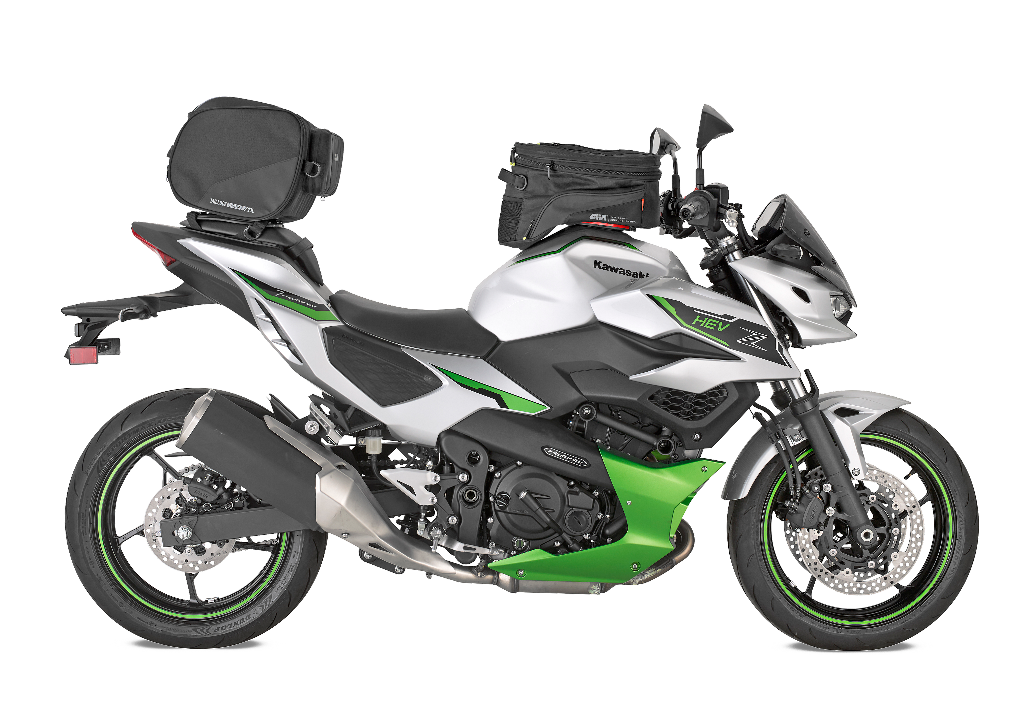 Kawasaki Z 7 Hybrid MY24 allestita con borsa soffice tailock EA146 eborsa da serbatoio tanklock EA143B