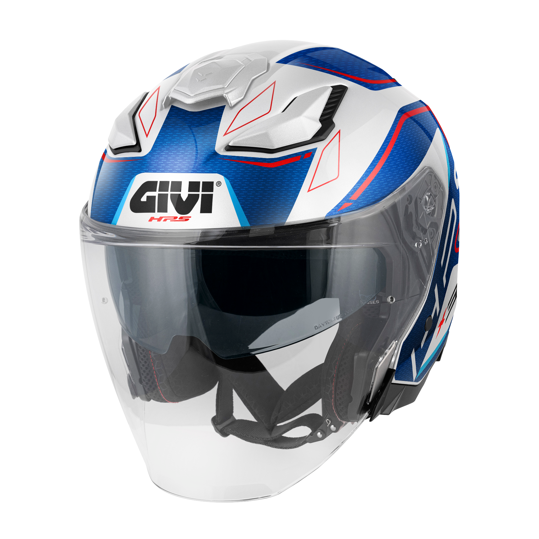 Helmet JET X31 IMPACT (White / metal blue / blue / red) GIVI article code: HX31FMPWL; image still-life main left