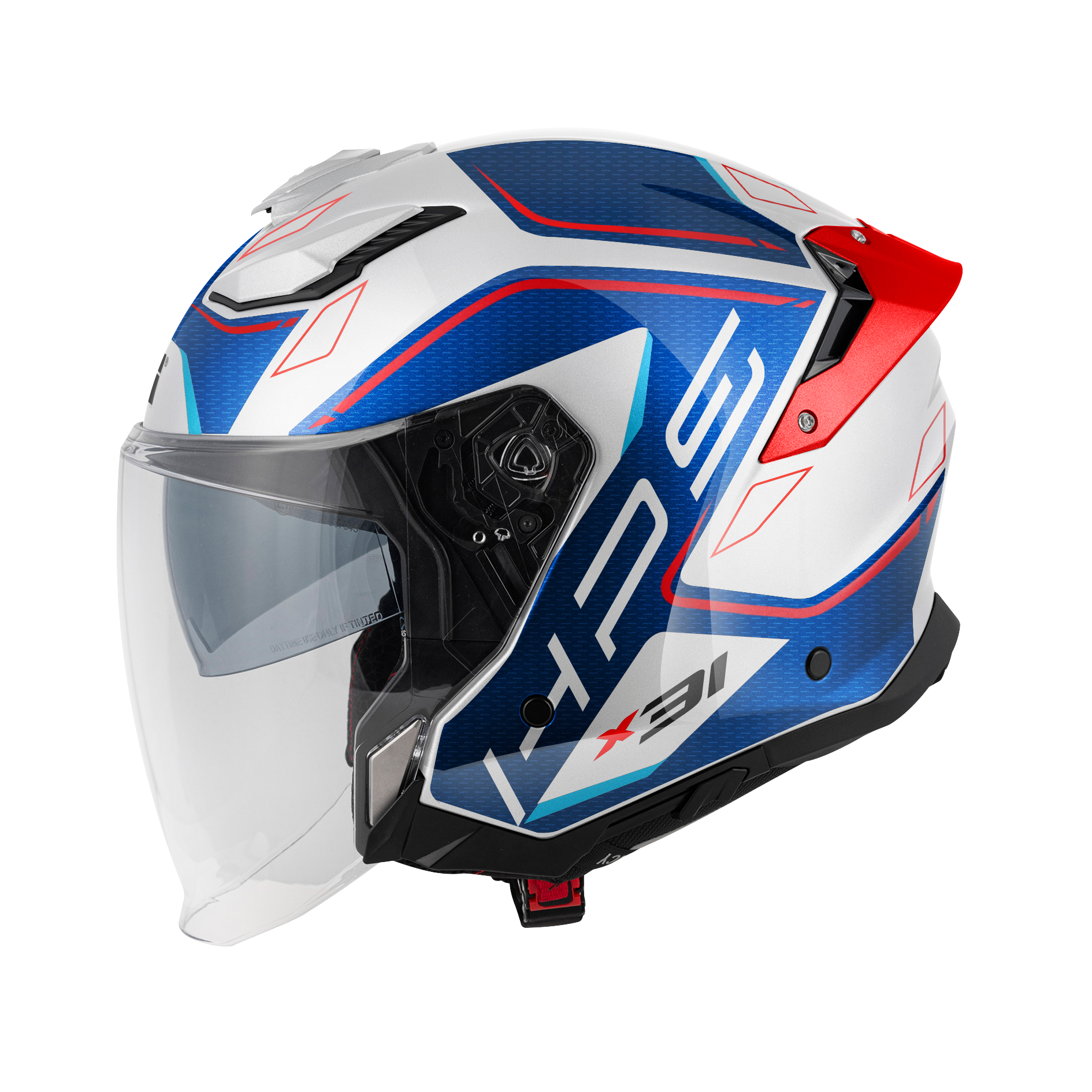 Helmet JET X31 IMPACT (White / metal blue / blue / red) GIVI article code: HX31FMPWL; image still-life side left