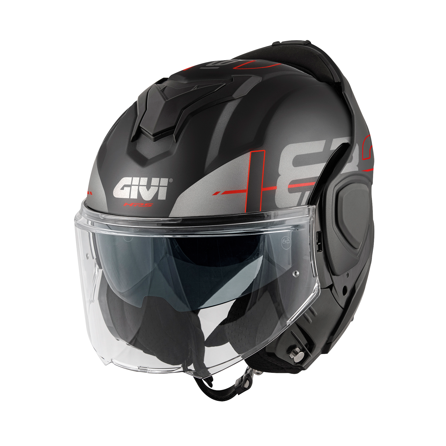 Helmet Flip-Back X36 VERTIGO (Matt black / red) GIVI article code: HX36FVRBR; image still-life main open
