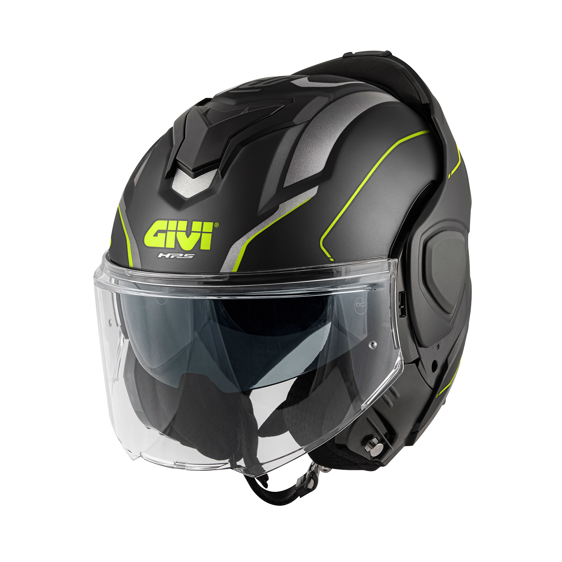 Helmet Flip-Back X36 FIBER PULSE (Matt black / silver / yellow ) GIVI article code: HX36RPLBY; image still-life main open