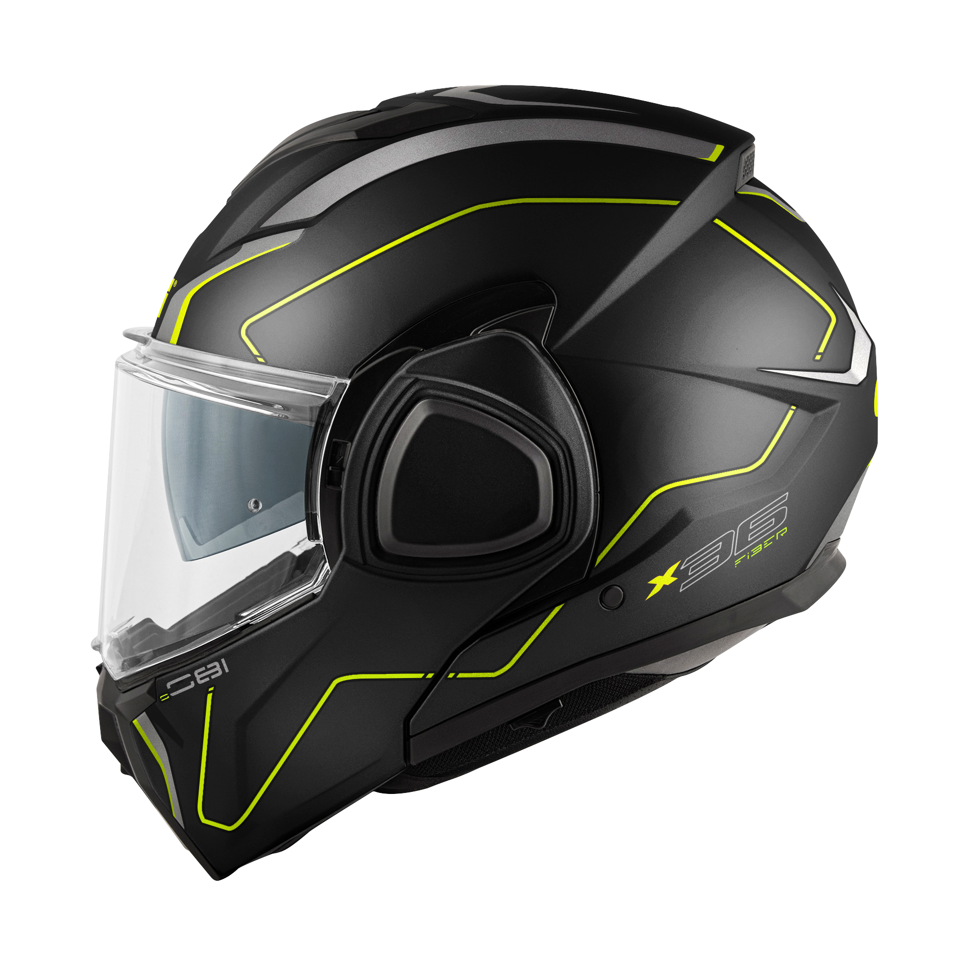 Helmet Flip-Back X36 FIBER PULSE (Matt black / silver / yellow ) GIVI article code: HX36RPLBY; image still-life side left