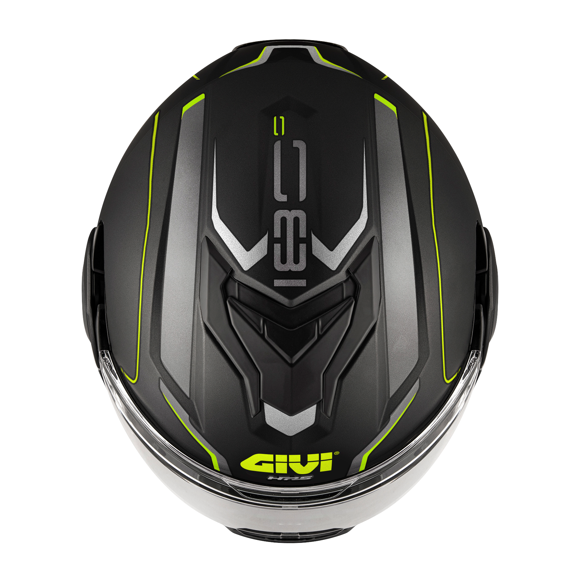 Helmet Flip-Back X36 FIBER PULSE (Matt black / silver / yellow ) GIVI article code: HX36RPLBY; image still-life top