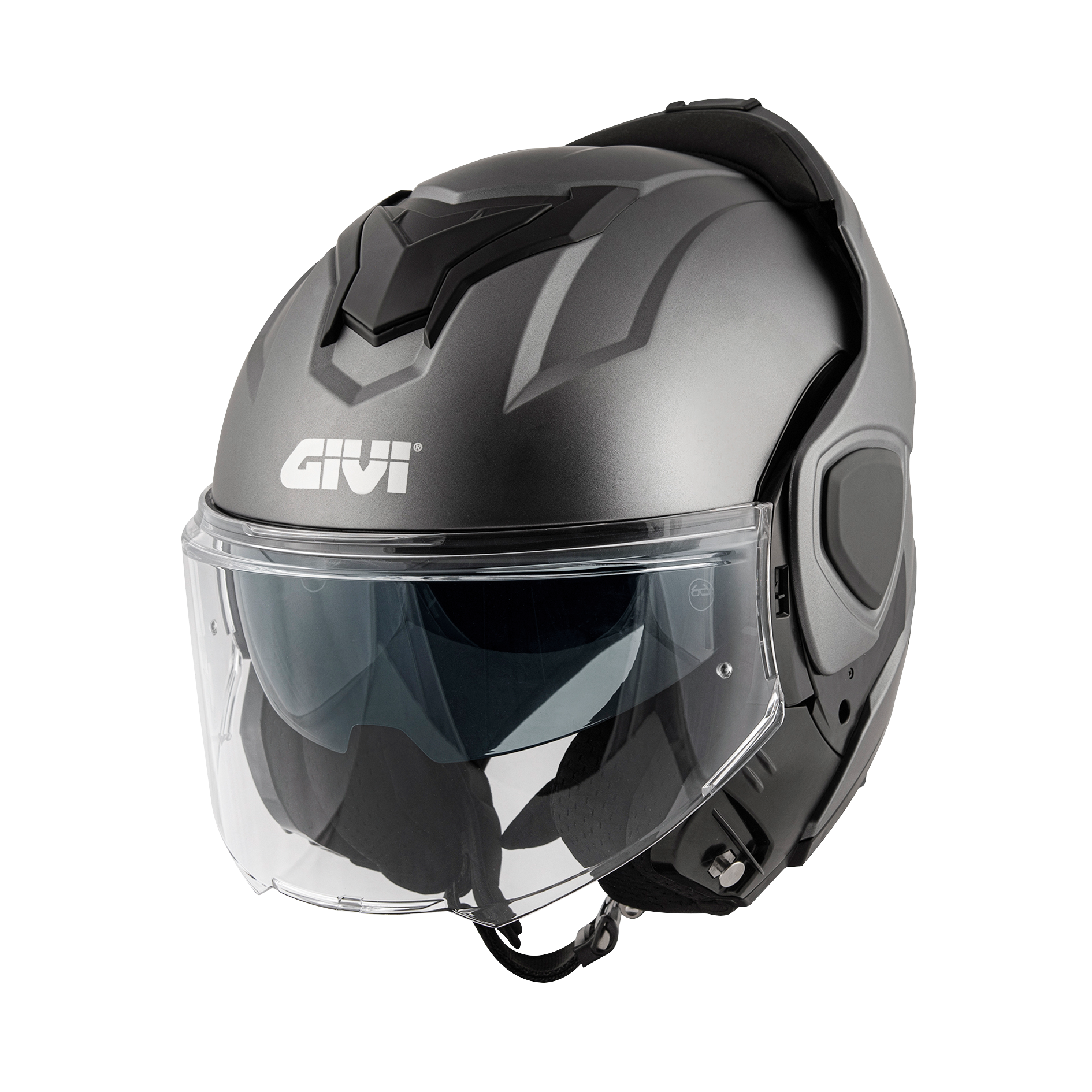 Helmet Flip-Back X36 FIBER (Matt titanium) GIVI article code: HX36SG768; image still-life main open