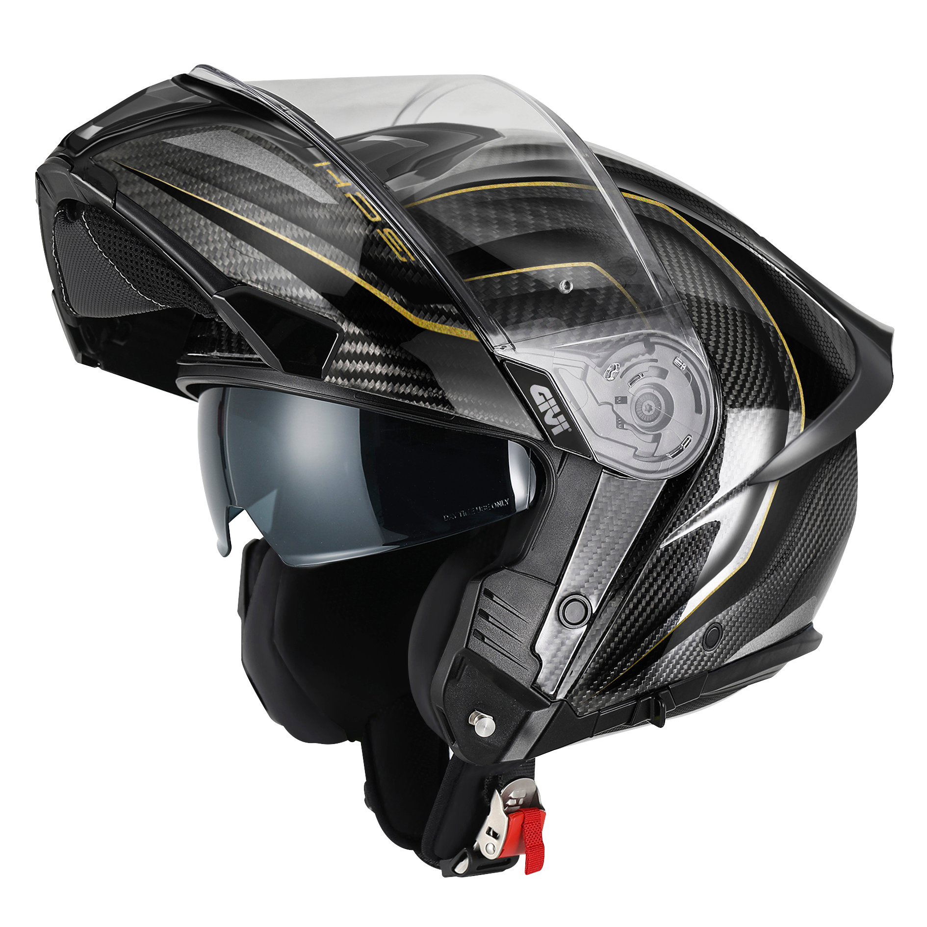 Helmet FLIP-UP X50 CARBON (black / gold) GIVI article code: HX50DCRBN; image still-life main left open