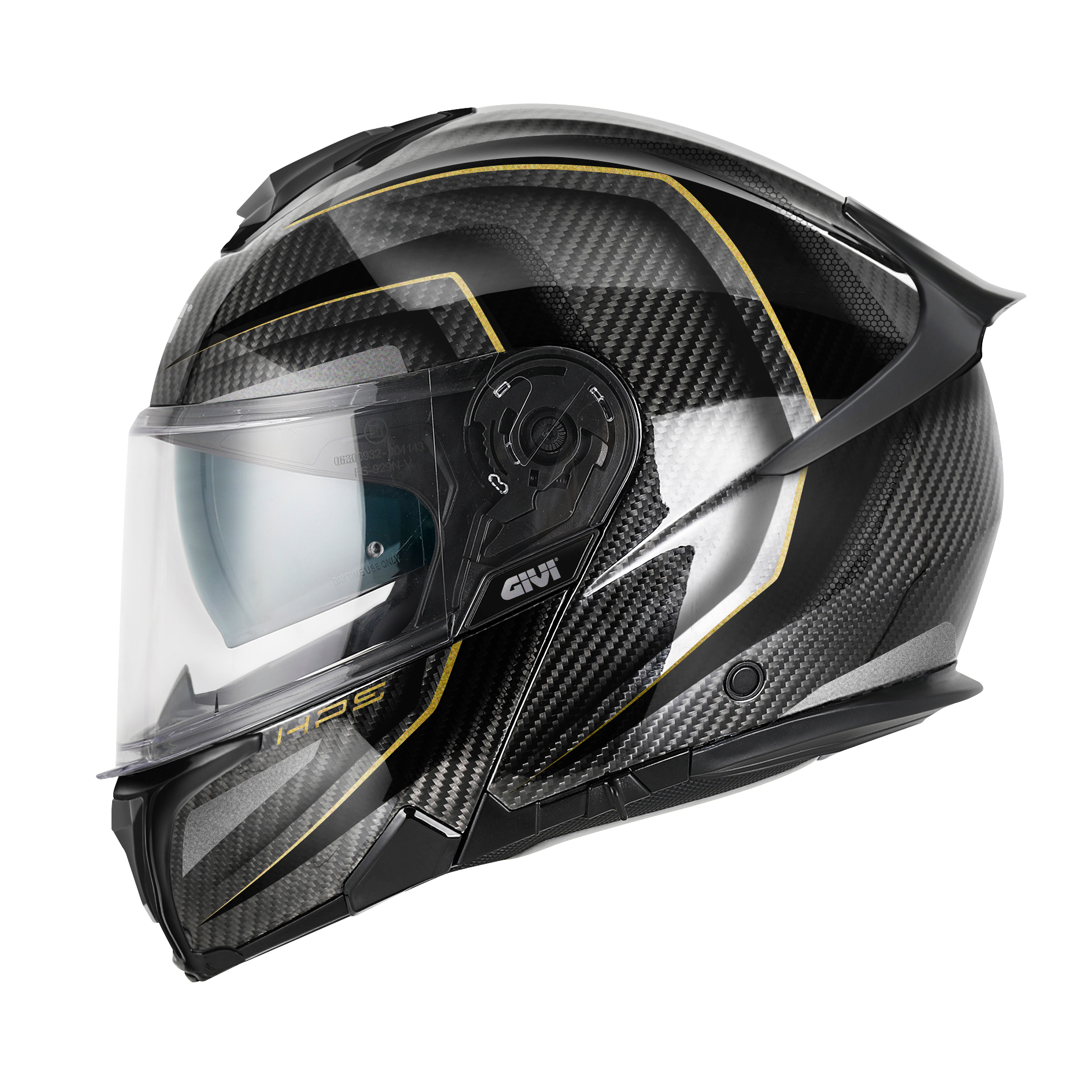 Helmet FLIP-UP X50 CARBON (black / gold) GIVI article code: HX50DCRBN; image still-life side left